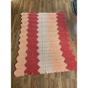 VINTAGE AFGHAN Crochet Zig Zag Blanket Chevron Handmade 52" x 67"